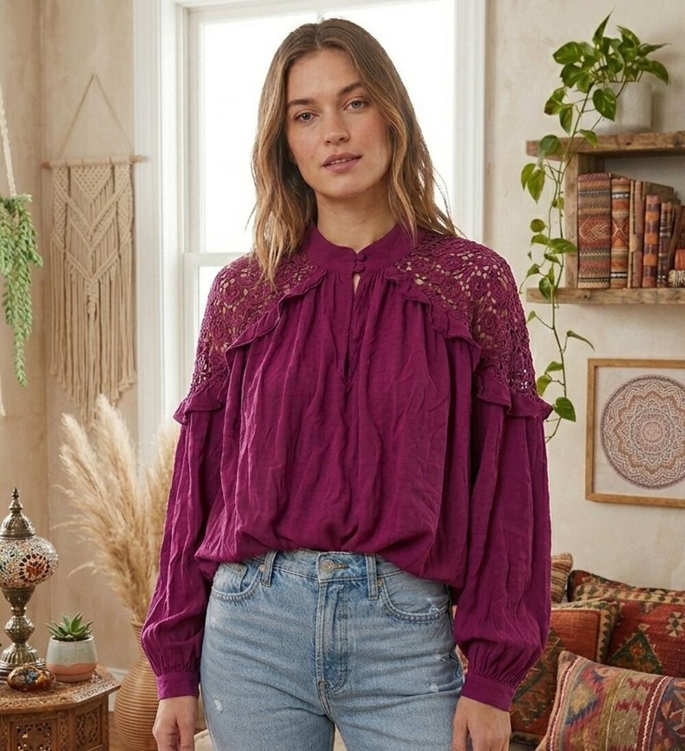 Free People L Plum Purple Crochet Lace Ruffle Boho Rayon Blouse Long Sleeve Top
